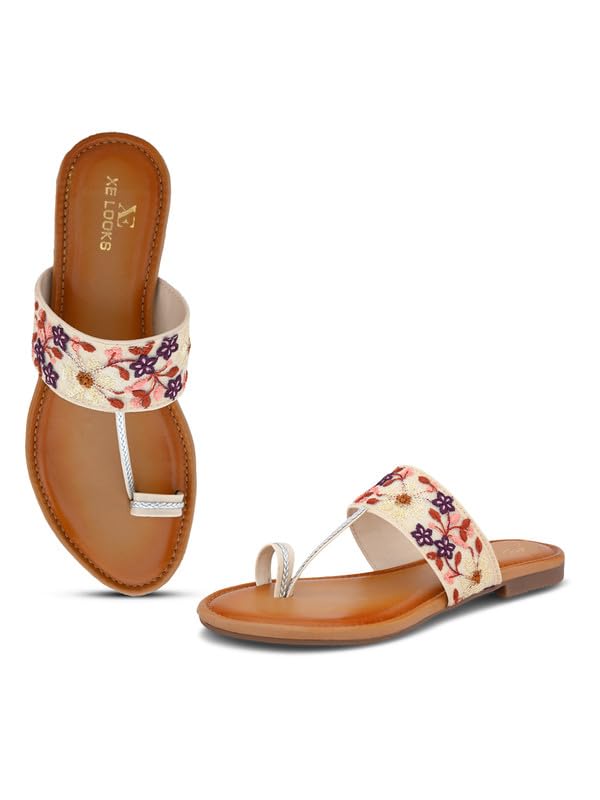 Image of XE Looks Women's Embroidered Toe-Ring Flats | Elegant Floral Strap Design with Cushioned Footbed | Stylish & Comfortable Ethnic Sandals for Girls & Women