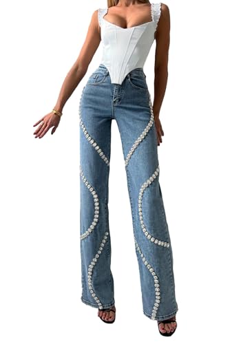 Unybwonn Women High Waist Jeans Rhinestone Trim Bling Baggy Denim Pants Y2k Straight Wide Leg Trousers Streetwear