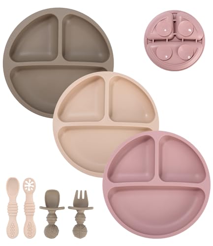 SOBEAU 7 pièces Assiette Ventouse Pour Bébé, assiette enfant avec 3 assiettes plates, 4 fourchettes et cuillères,Pour les tout-petits et l'auto...