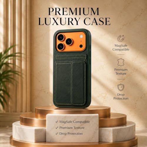 Image of amazon basics Luxury Vegan Leather Back Cover for iPhone 17 Pro | Built-in Card Holder Slot | Integrated Mobile Stand | Slim Shockproof Protective Case with Stitched Finish - Green