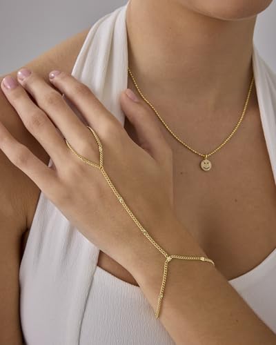 Image of PAVOI 14K Gold Plated Hand Chains for Women - Adjustable Hand Chain Bracelet and Ring - Trendy Gold Handchain Bracelet Stack Summer Jewelry - Beads, Pearl, and Cubic Zirconia Body Jewelry