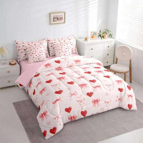 Image of Erosebridal Coquette Bow 7 Piece Comforter Set Twin Love Heart Bed in A Bag Ribbons Pink Valentine Bedding Sets for Kids Girls Bowknot Bow Tie Princess Sheet Set with Comforter