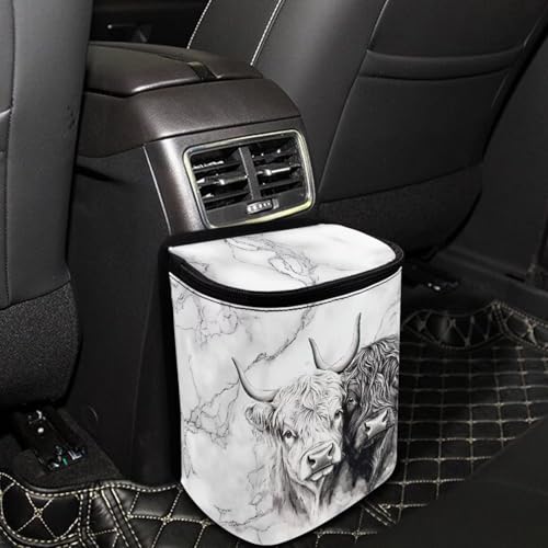 Image of Talayituse Highland Cattle Marble Print Car Trash Bin, Large Size Auto Trash Can Adjustable Portable Garbage Can with Lid, Vehicle Hanging Bag for Headrest Front Back Seat