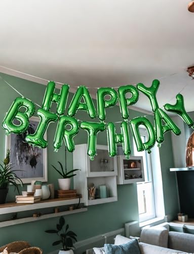Image of Green Happy Birthday Balloon Banner, 16 Inch Foil Letter Balloons, Green Birthday Decorations for Men Boys Girls, Jungle Dinosaur Gaming Soccer Indoor Outdoor Party Supplies