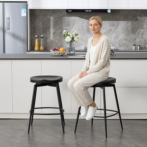 Image of 25'' Solid Wood Saddle Stools Set of 2, Swivel Counter Height Bar Stools Backless, Wooden Bar Stools with Metal Legs and Ergonomics Seat for Kitchen Island, Black