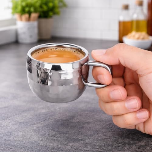 Image of Stainless Steel Hammered Tea Coffee Cup Set of 6 (90 ml) | Mirror Finish Chai Cups | Small Steel Tea and Coffee Mugs | Double wall Drinkware for Home Cafe | Steel Tea & Coffee Cup Set