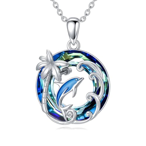 Sea Turtle/Jellyfish/Dolphin Necklace 925 Sterling Silver Blue Circle Crystal Ocean Necklace Beach Hawaiian Jewelry Gifts for Women