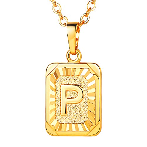 U7 Men Women A-Z 26 Letters Pendant Minimalist Monogram Name Jewelry 18K Gold Plated Square Pendants Capital Initial Necklace (P)