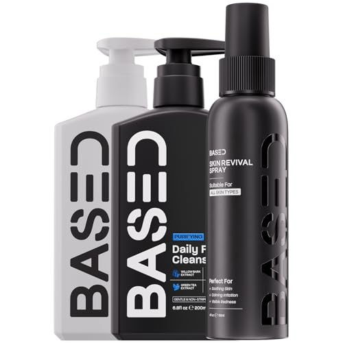Image of BASED Skincare Trio - Daily Facial Cleanser, Moisturizer & Skin Revival Spray - Complete Men's Skincare System - Hypochlorous Acid, Bamboo Charcoal & Ceramides - All Skin Types