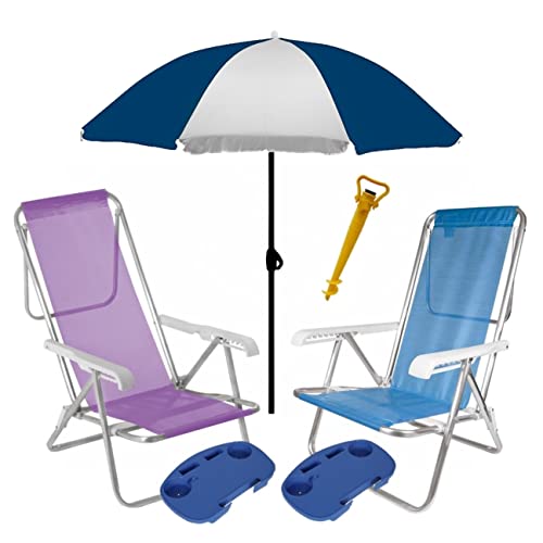 Kit Praia 2 Cadeira Reclinável Sannet Alum + Guarda Sol 1,8m + Saca Areia + 2 Mesinha - Mor - Azul-Lilás