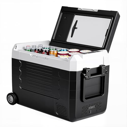 OLIXIS Portable Car Refrigerator, 53QT Dual-Zone Electric Cooler for Vehicles with Wheels & Cutting Board, -4℉-68℉ Freezer Smart Control via Bluetooth, Battery Protection, 12/24V DC & 100-240V AC