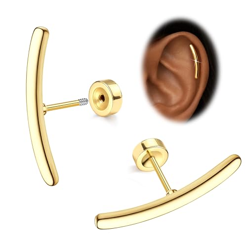 JeryWe Cartilage Earrings for Women Hypoallergenic Flat Back Earrings Surgical Steel for Sensitive Ears Flatback Stud Earring Helix Conch Tragus Daith Piercing Jewelry 16G 14K Gold Filled Bar