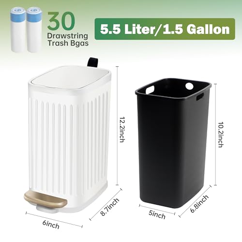 Image of Slim Bathroom Trash Can with Lid Soft Close Odor Filter&Step Pedal, 5L /1.3 Gallon Stainless Steel Small Garbage Can Inner Bucket,Slim Metal Wastebasket-Narrow Bedroom, Office, Kitchen,White