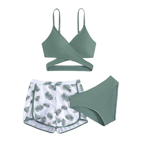 Maillot de bain d'été 3 pièces pour fille - Taille haute - Avec cache-maillot de bain - Plage (2), blanc, 10-11 ans