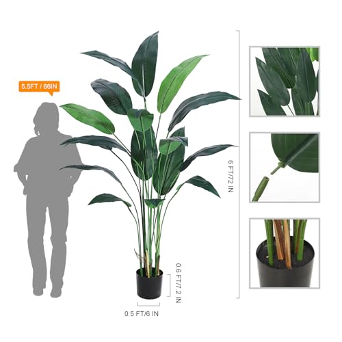 Artificial Bird of Paradise Plant 6FT(72in) Fake Palm Tree for Indoor Outdoor Modern Decor Faux Plants for Home Office Perfect Housewarming Gift with 17 Trunks Faux Leaves 1 Pack