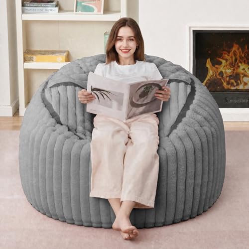 Image of 3FT Bean Bag Chair 3'Big Bean Bag Chairs with Adults, Large Beanbag Chair | Bean bags with Machine Washable Cover Corded Plush Fabric, Comfy Chairs for Living Room, Bedroom, Dorm, Lightgrey