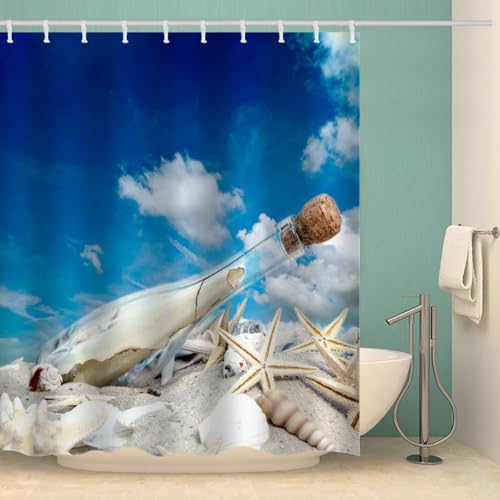 RFFLUX 3D Ozean Strand Duschvorhang Anti Schimmel 180x200 cm mit 12 Ringe Polyester Seesterne Muscheln Duschvorhänge Anti-Bakteriell Waschbar Wasserdicht Badvorhänge für Badezimmer（Stil 21-8）