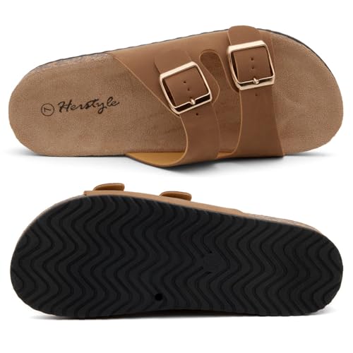 Image of Herstyle Womens Cork Footbed Slides for Women, Double Strap Flat Sandals, Adjustable Buckle Comfort Slip On Shoes, Summer Beach Casual Walking Slippers