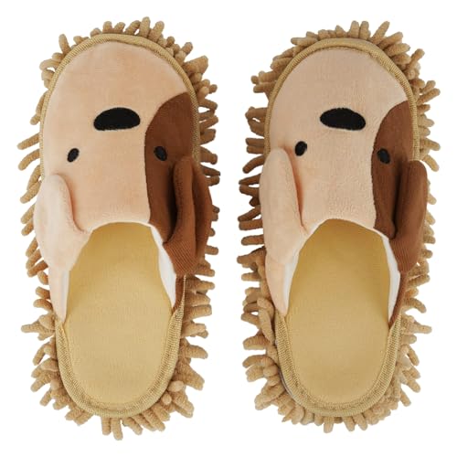FLAVNTEL 1 Paar Cartoon Hund Mopp Hausschuhe Mikrofaser Reinigen Abstauben Hausschuhe Abnehmbare Wischen Abstauben Schuhe Slipper für Office Home Zimmer(Cremefarben)