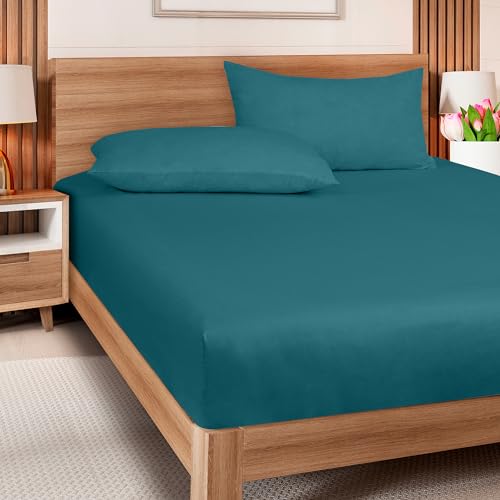 Image of ROYALE LINENS 300 Thread Count 100% Long Staple Combed Cotton Fitted Sheet Queen - Super Soft Deep Pocket Bottom Sheet - Fitted Sheets Only - Elastic Sheets (Queen, Teal)