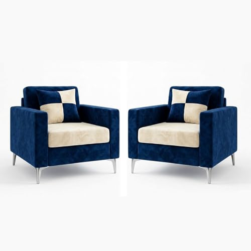 Image of FURNY Lushwood 3 Seater + 1 Seater + 1 Seater Sofa Set (Dark Blue-Cream) | Premium Suede Velvet Fabric Finish | Silver Metal Legs | Durable Comfort Sofa for Modern Living Room & Office Spaces