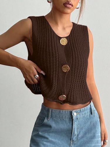 Verdusa Women's Button Front Crochet Sweater Vest Round Neck Sleeveless Cropped Knit Cardigan3