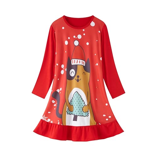 LOLPIP Girls Nightgowns Christmas Nighties Long Sleeve Pyjama Cat Dress for Kids Sleepwear for Girls Size X-Large