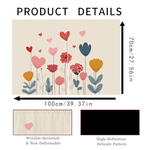 Image of Self Adhesive Floral Heart Cabinet Curtain for Mother's Day, 39x28 Inch Colorful Spring Flower Under Sink Skirt No Drill, Deep Cleaning Kitchen Decor, Hook and Loop Laundry Valance