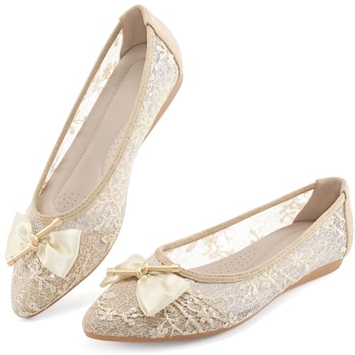 Flats for Women Dress Shoes: Comfortable Pointed Toe Bowknot Lace Womens Ballet Flats Dressy - Fashion Floral Slip On Casual Shoes for Wedding Party Dating