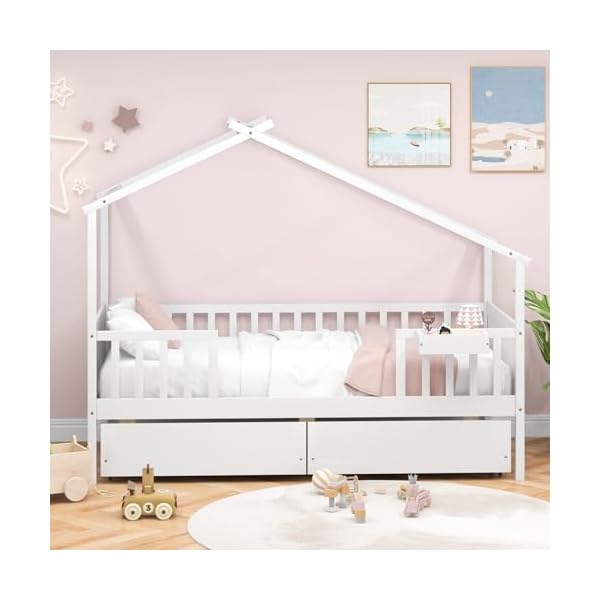 Giantex twin house bed with drawers wooden twin bed frame with cube storage fence rails montessori bed for boys girls kids house bed for bedroom living room no box spring needed white  urban country home decor