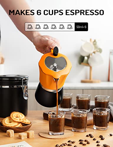 Stovetop Coffee Maker Espresso Italian Moka Pot with Transparent Top Lid, 300ml-6 Espresso Cups, Classic Aluminium Coffee Percolator, Orange/Black - Image 6