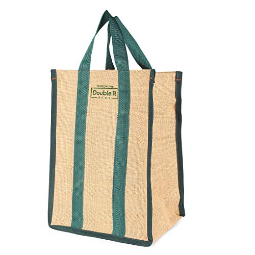 Image of DOUBLE R BAGS Laminated Jute Reusable Shopping Bags Kitchen Essentials Grocery Vegetable Lunch Carry Bag With Full Handles Multi-purpose Bag Stylish Designs (Green) Pack of 2