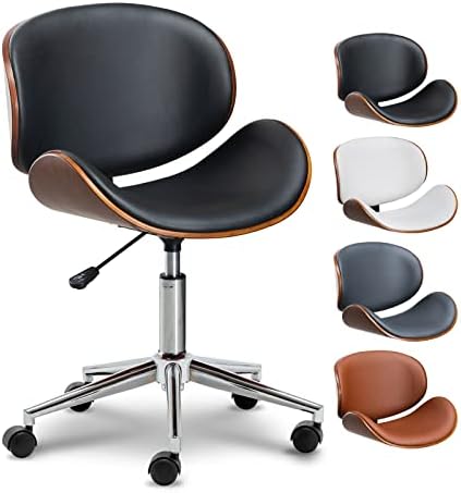 OKAKOPA Office Chair Wood Faux Leather Desk Chair 360°Swivel Height Adjustable Ergonomic Chair Armless Chairs Curved Wood Black Leather Office Chair Home Computer Chairs with Wheels (New Black)