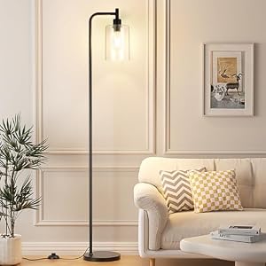 Ziisee Industrial Floor Lamp with Glass Shade - Black, LED Bulbs, Foot Pedal Switch, Easy Assembly