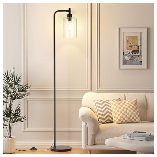 Ziisee Industrial Floor Lamp with Glass Shade - Black, LED Bulbs, Foot Pedal Switch, Easy Assembly
