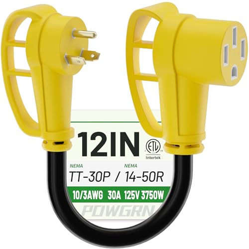 POWGRN 30 Amp to 50 Amp RV Adapter 12 inch, Heavy Duty 10/3 Gauge RV Electrical Adapter, NEMA TT-30P Male to NEMA 14-50R Female, STW 10AWG 30A 125V 3750W, Black-Yellow, ETL Listed by POWGRN - Used condition - US$10.86