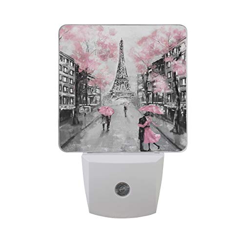 ALAZA 2 Pack Art Paris Street Eiffel Tower Pink Floral LED Night Light Dusk to Dawn Sensor Plug in Night Home Decor Desk Lamp for Adult