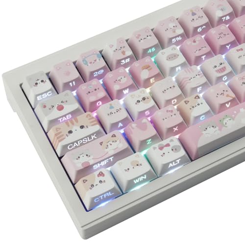 Teclas PBT - Juego de teclas impresas laterales, 136 teclas brillan a través de Meow Meow Squad, teclas personalizadas para gatos, teclado de perfil de cereza para Cherry Gateron MX Swithes ANSI