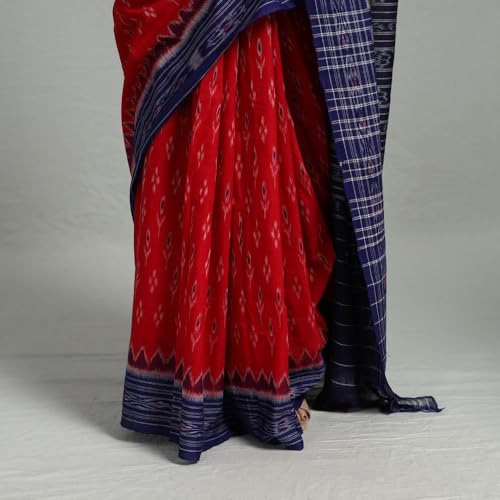 Image of ODISHAHANDLOOM Sambalpuri Pure Cotton Handloom Saree, Traditional Ikat Pattern, Red and Green, Without Blouse