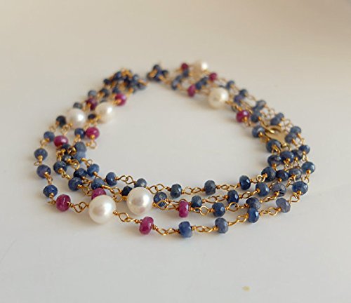 JEWELZJEWELZ Blue Sapphire,red Ruby,Long Gold filledfilled Filled gem Necklace.Wire Wrapped Gemstone Jewels,Rosary Style Sapphire and Ruby Long Gold filledfilled Filled Necklace 3/4 mm