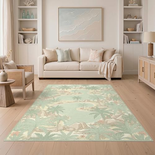 ODIKA 5'x7' Washable Beachy Floral Area Rug, Beige Non-Shedding Pet Friendly Carpet for Small Living Room, Playroom, Bedroom, Easy Care Kids Safe Mat | Ref:1993001