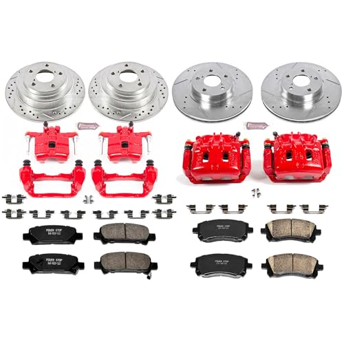 Image of PowerStop Front and Rear Brake & Caliper Kit for Subaru Forester 1998-02 | Subaru Impreza 1998-01 - Carbon-Fiber Ceramic Brake Pads + Drilled & Slotted Rotors + Red Powder Coated Calipers, KC1122
