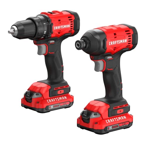 Image of CRAFTSMAN V20 Cordless Drill Driver and Impact Driver, 2 x 2Ah Lithium Ion Battery and Charger, Two Power Tools, 1700 RPM 1 /2 In. Electric Drill, 1800 Torque 1 /4 Impact Screwdriver (CMCK201D2)