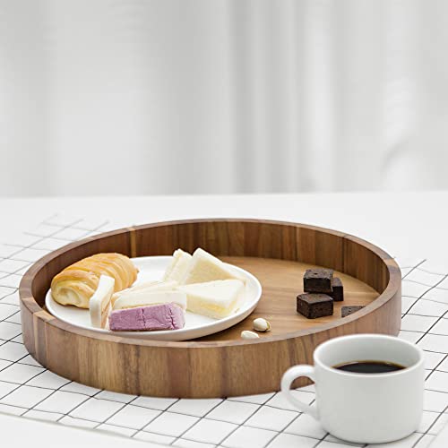 Round Wood Serving Trays Set Of 2, Ottoman Tray Rustic Acacia Wooden Trays With Handles, Nesting Circle Tray With 4 Coasters For Coffee Table Living Room Bathroom Bedroom Party #TOP6