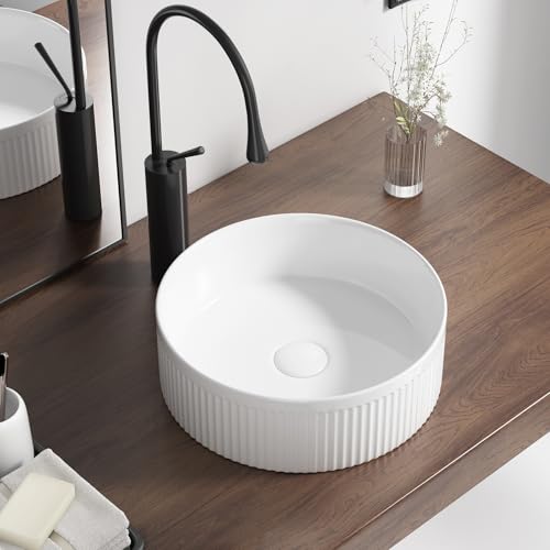 Round Vessel Sink 14 Inch Above Counter - White Ceramic Countertop Bathroom Sink, 14' x 14' Modern...