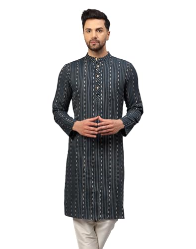 Image of LATEST CHIKAN Men's Cotton Regular Striped Knee Lenght Kurta Full Sleeves