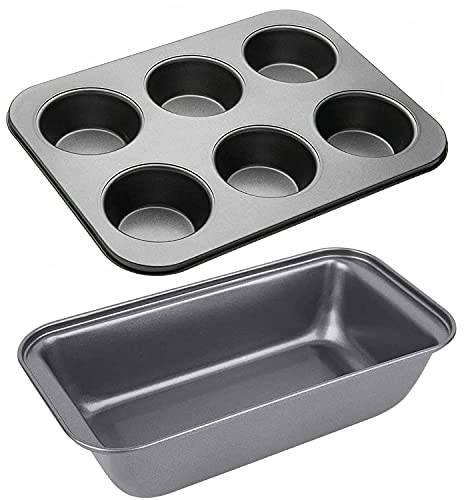 Kraptone Popular Cake Making Combo – Non Stick Outperform Bread Loaf, 6 Muffin & Cupcake Mould | Cake Making Tray / Pan / Tin / Mould | Non Stick Carbon Steel Material, Microwave, Oven, Cooker, OTG Safe Combo | Dishwasher safe and Reusable | Black | Set of 1