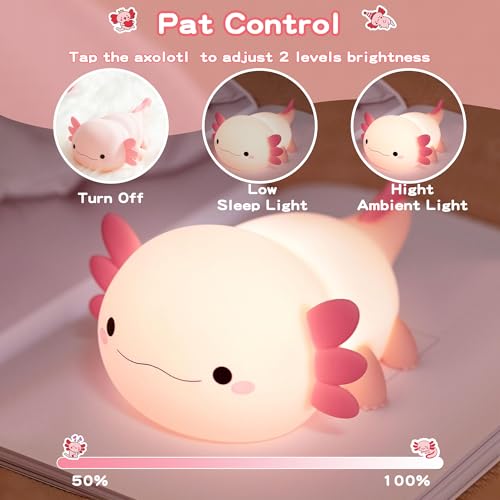 Image of FAMIDUO Pink Axolotl Lamp, Food-Grade Silicone Squishy Night Light for Kids | 2-Level Touch Dimmable ,20-Min Auto-off Timer, Rechargeable Anti-Blue Warm Glow Nursery Bedside Decor, Cute Gifts for Girls