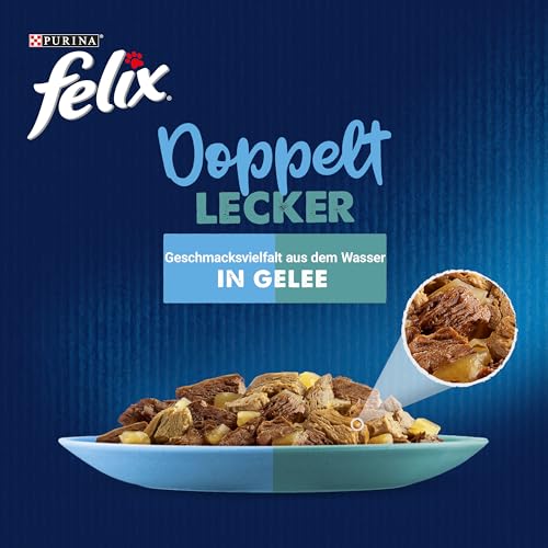 Felix So gut wie es aussieht Doppelt Lecker Katzenfutter nass in Gelee, Fisch Sorten-Mix, 6er Pack (6 x 12 Beutel à 85g)