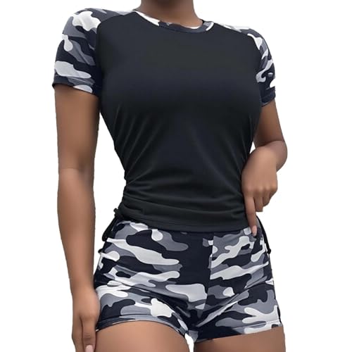 Rashguard 2 pièces pour femme avec t-shirt manches courtes et short de bain boyshort noir
